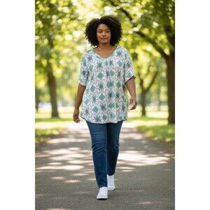 Emily Stacy Women's 3X Top Black White and Aqua Short Sleeve  Knit Pullover